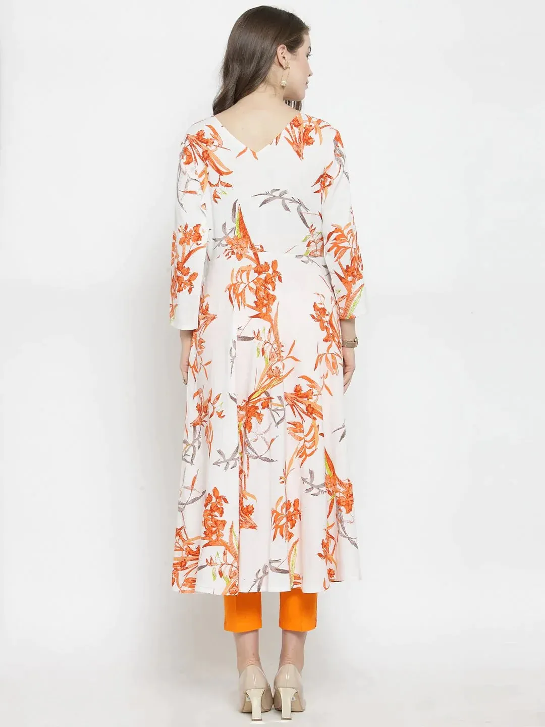 Women White & Orange Floral Printed Rayon Flared Kurta