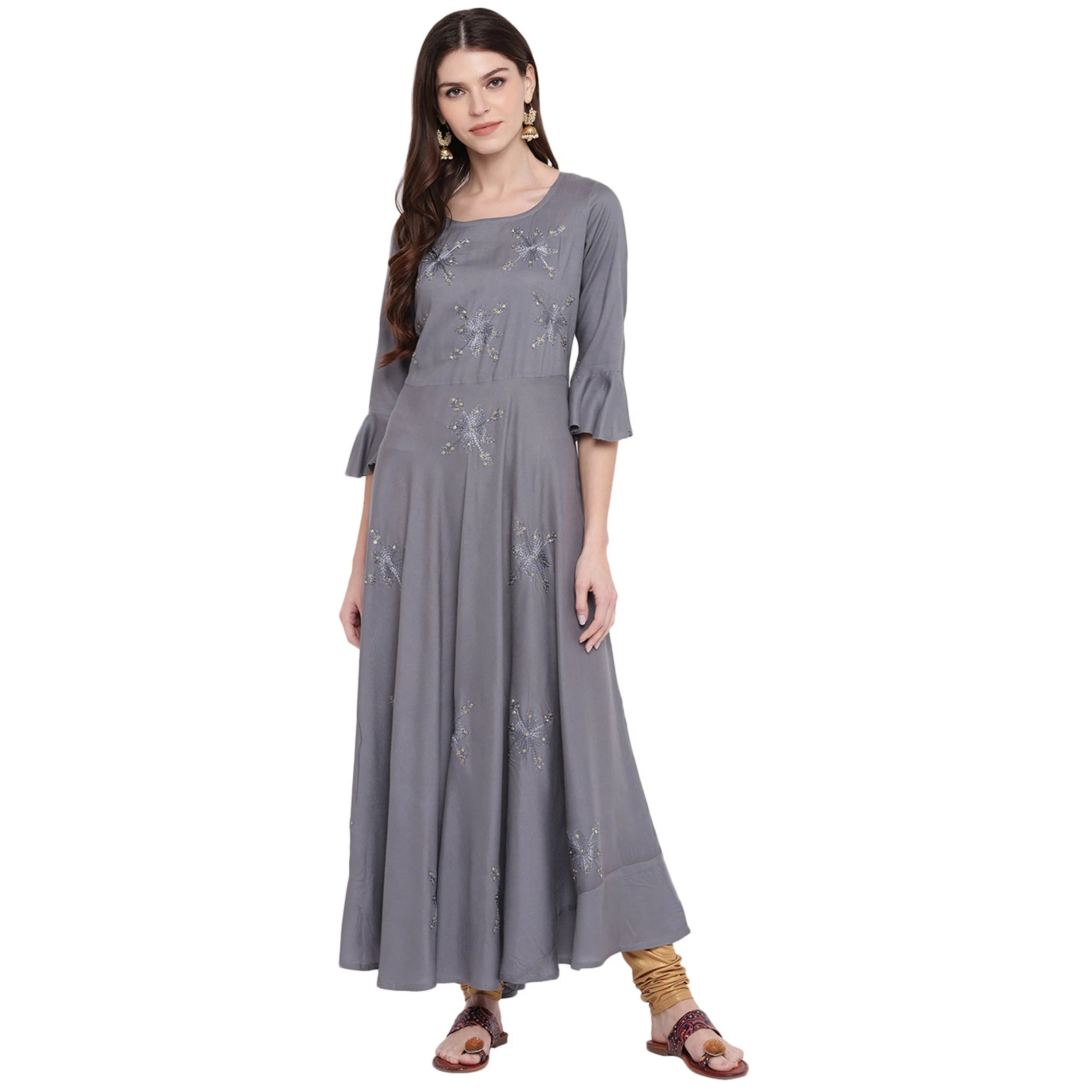 Women'S Embellished Flared Rayon Grey Kurti