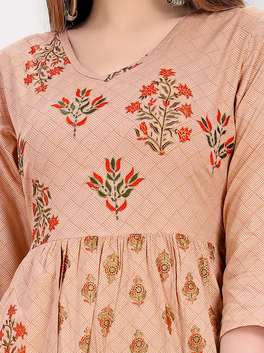 Women'S Foil Print & Embroidered Anarkali Rayon Peach Kurti