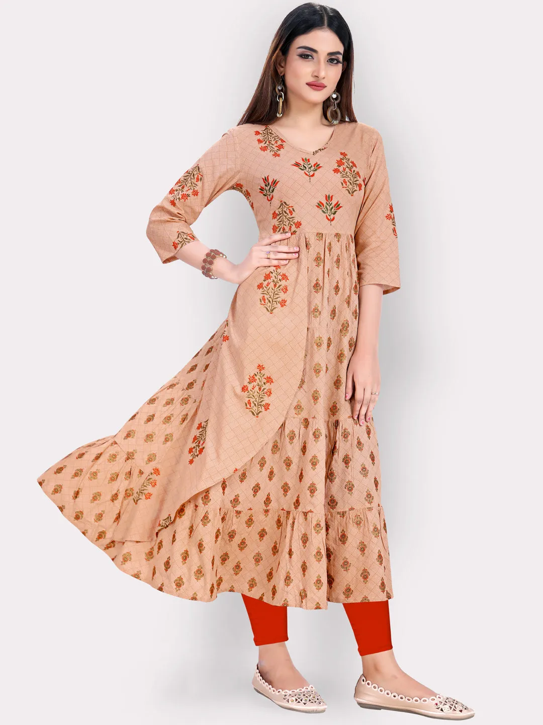 Women'S Foil Print & Embroidered Anarkali Rayon Peach Kurti