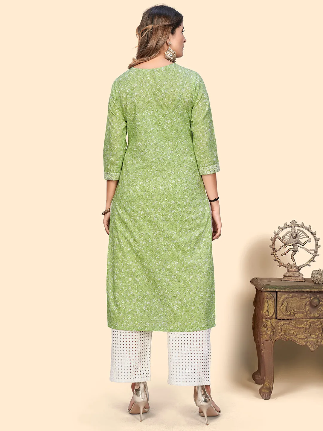 Women'S Print & Sequience Straight Cotton Pista Stitched Kurta