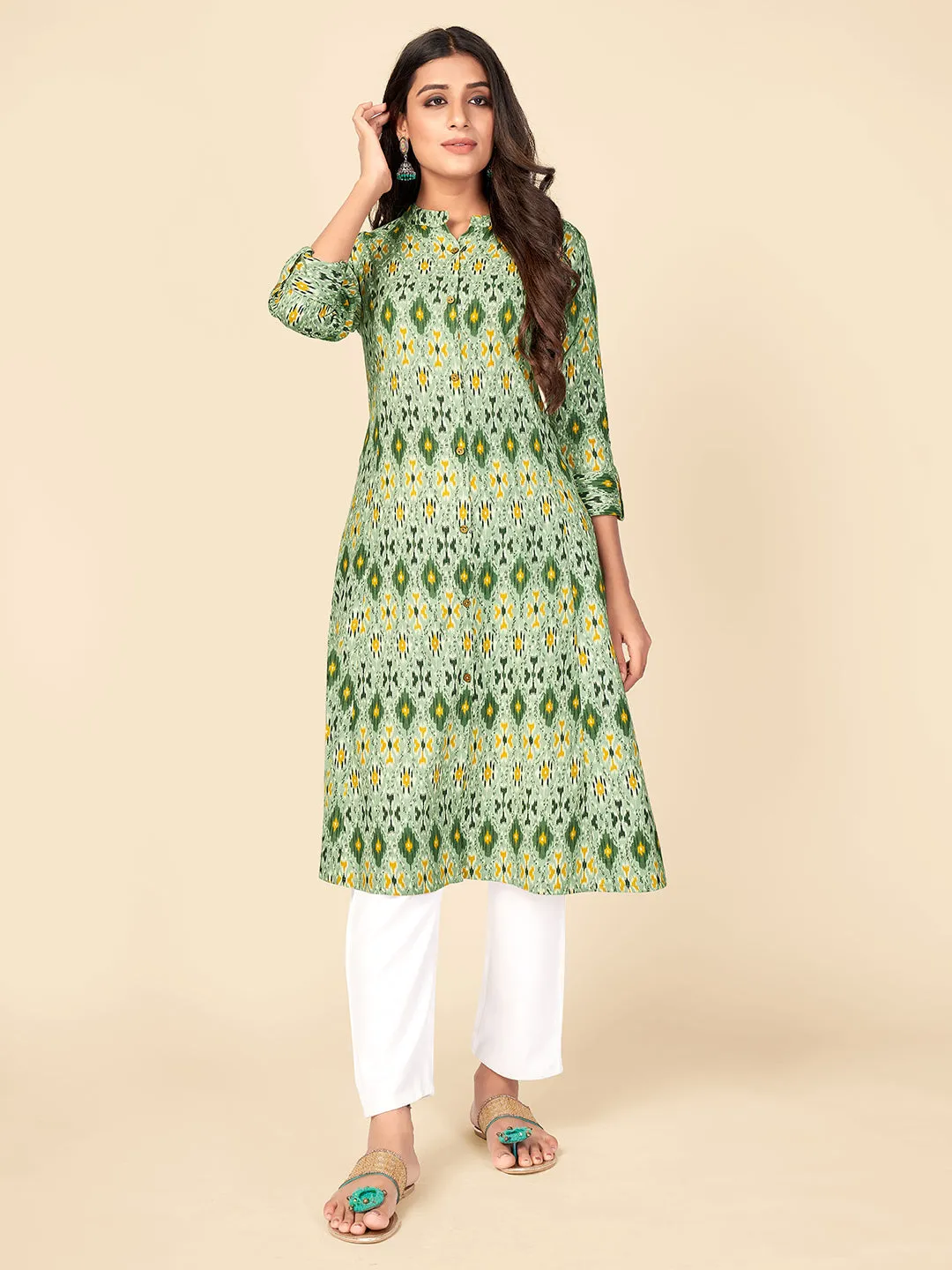 Women'S Printed A-Line Cotton Green Kurta With Multiple Slit