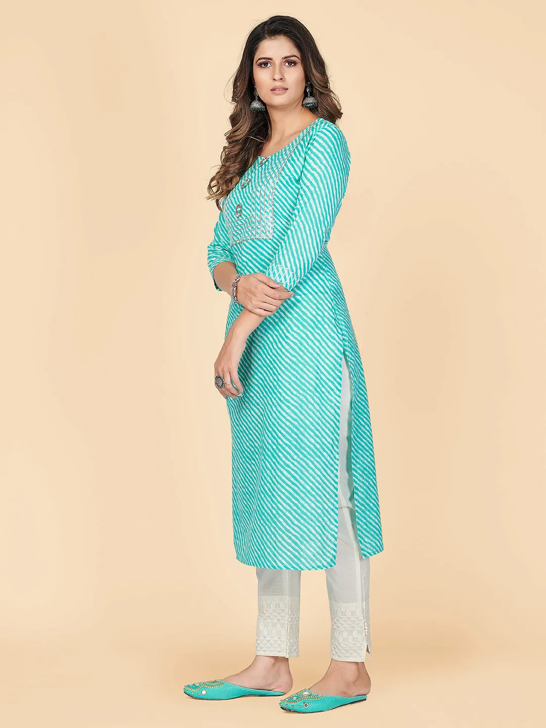 Women'S Printed & Gota Patti Straight Cotton Turquoise Stitched Kurta