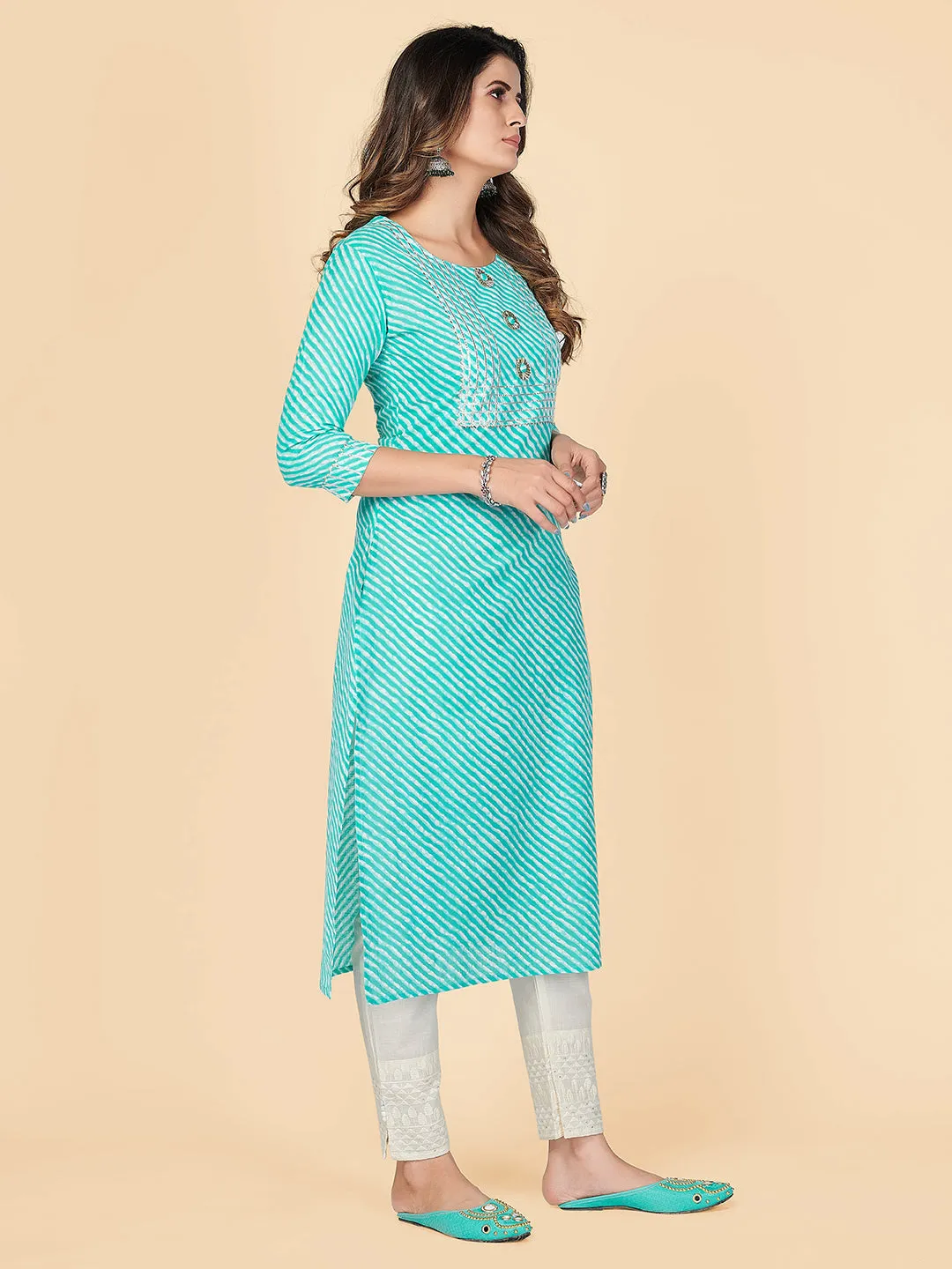 Women'S Printed & Gota Patti Straight Cotton Turquoise Stitched Kurta