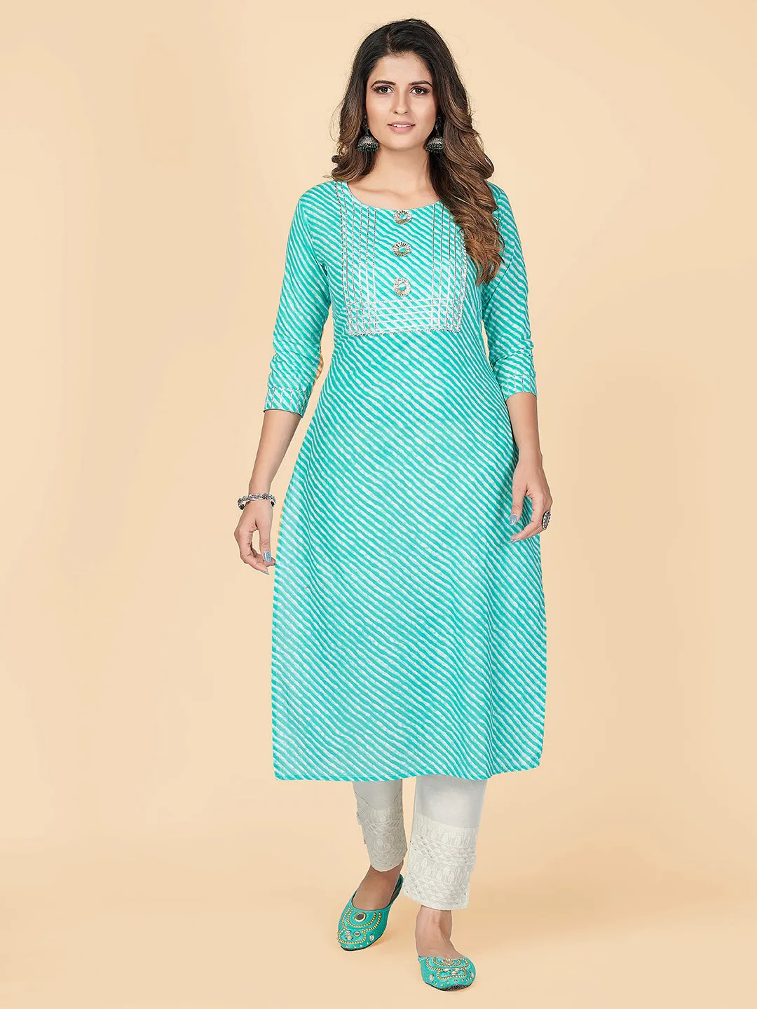 Women'S Printed & Gota Patti Straight Cotton Turquoise Stitched Kurta