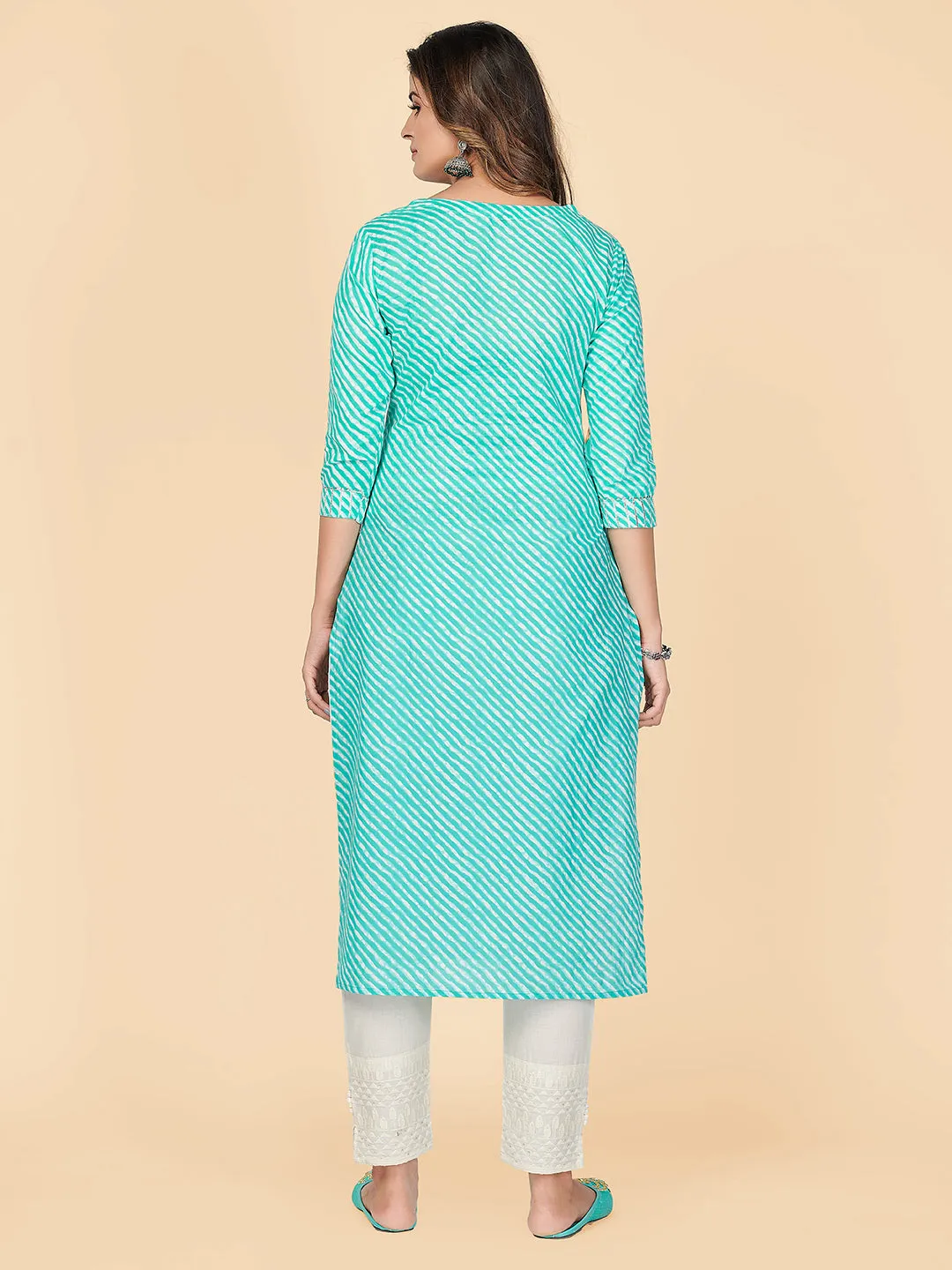 Women'S Printed & Gota Patti Straight Cotton Turquoise Stitched Kurta