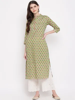 Women'S Printed, Lace Work Straight Cotton Parrot Green Kurti